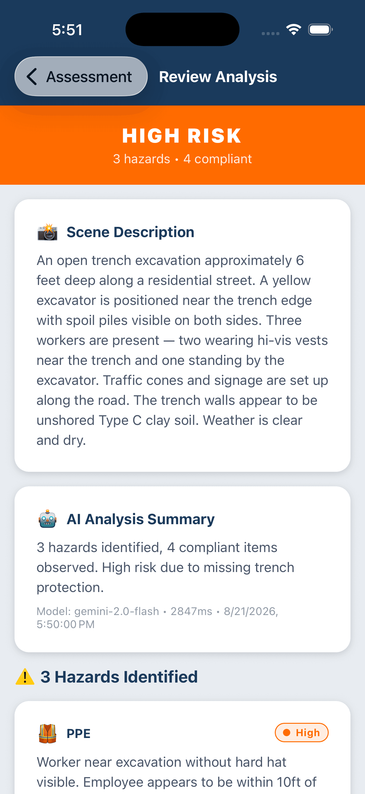 HazardAI review screen showing the vision model's scene description, risk level, and hazard findings